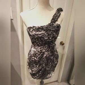 BCBG Max Azria One-Shoulder Black and Gray Printed Cocktail Dress
